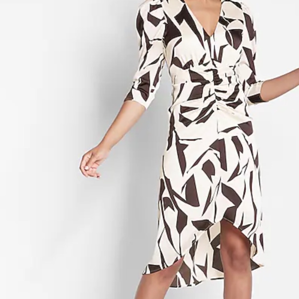Satin Abstract Print Puff Sleeve Ruched Hi-Lo Midi Dress